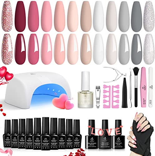 Beetles Gel Nail Polish Kit with U V Light Base Top Coat,12 Colors Kiss of the Rose Nude Pink White Grey Holiday Gel Polish Starter Kit Valentine's Day Gift for Women Soak off Gel Polish DIY Home