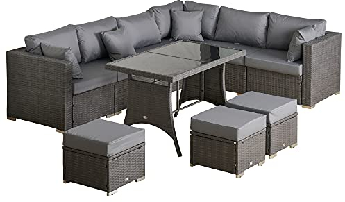 Outsunny 10-TLG. Gartengarnitur, Polyrattan-Sitzgruppe für Garten und Terrasse, modulares Design, mit Sitz- und Rückenkissen, Wurfkissen, rostfreier Metallrahmen, Dunkelgrau