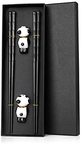 Lot de 2 paires de baguettes japonaises noires en fibre de verre avec 2 coussinets en céramique panda, baguettes à sushi, baguettes Chopsticks réutilisables, lavables pour lave-vaisselle, avec boîte