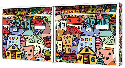 banjado Briefkastenanlage 2 Fach - 2 Briefkästen 72x32x10cm groß - Doppelbriefkasten Set - Namensschild, 2 Schlüssel, Montagematerial - Stahl verzinkt weiß - Motiv Funky Town