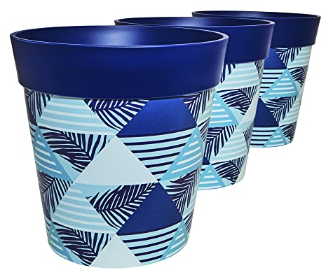 Hum Flowerpots, 22cm Set of 3, Various Patterns Colours and Sizes, Indoor/Outdoor Plastic Plant Pots, Blue Geometric