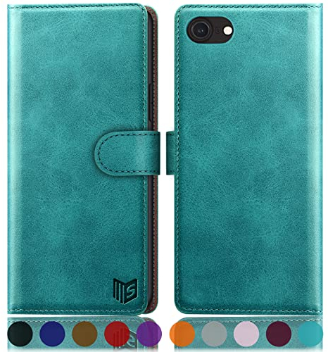 SUANPOT [RFID Schutz für iPhone SE 2022/7/8/SE 2020 4,7-Zoll Hülle PU Leder Handyhülle Lederhülle Klapphülle Kartenfach Flip Cover für Apple SE 2022 Handy hülle Leather Wallet Phone Case Blau Grün