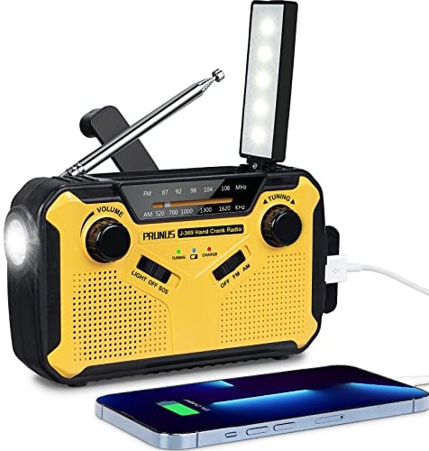 Wind Up Radio, PRUNUS J-369 Survival Equipment, AM/FM Portable Radios, Battery Radio with 3000mAh Power Bank, Solar Radios with Torch, Reading Lamp and SOS Alarm for Camping and Emergencies (Yellow)