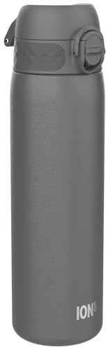 ION8 Vacuum Insulated Steel Water Bottle, 500 ml/17 oz, Leak Proof, Easy to Open, Secure Lock, Dishwasher Safe, Fits Cup Holders, Carry Handle, Scratch Resistant, Metal Water Bottle, Grey