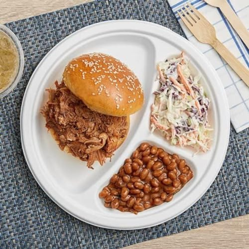 HOT BARGAINS 100 X 3 Compartment Bagasse Plates Disposable 100% Compostable Heavy Duty Clamshell Eco Friendly Plates Size 10(25.4cm) (100)