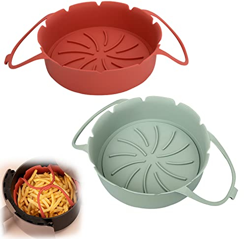 2 Piezas Olla de Silicona para Freidora de Aire Reutilizable, 17cm Molde de Silicona para Freidora de Aire con Asa de Transporte, Accesorios Freidora de Aire, para Freidora de Aire, Microondas, Horno