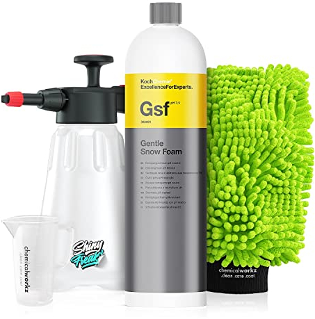 Koch Chemie Gentle Snow Foam Aktivschaum (1L) hochkonzentrierter Snow Foam + chemicalworkz Waschhandschuh + Schaumsprüher - schonende Autowäsche - Vorreiniger, Shampoo, pH-neutral, waschen | 5-teilig