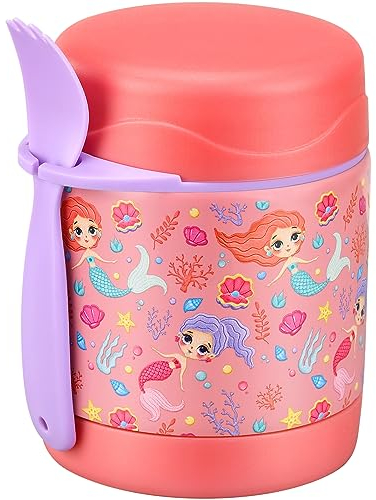 10oz Hot Food Thermo for Kids - Insulated Lunch Jar With Spoon, Leak Proof Stainless Steel Wide Mouth Container for School (Pink-Mermaid)