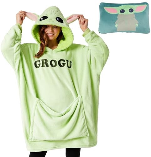 Disney Stitch Damen Hoodie Decke mit Ärmeln - 2-in-1 - Oversized Kapuzenpullover Fleece Tragbare Decken für Teenager (Grün Baby Yoda)