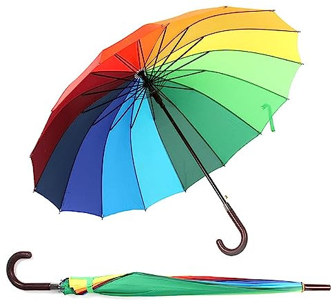 Holdfiturn Rainbow Umbrella Windproof 16 Rib Large Golf Umbrella 45inch Durable Fashion Long Handle Straight Anti-Uv Reinforced Canopy Manual Big Parasol