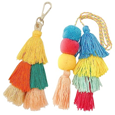 HLIWS 2 Bunte Quaste Schlüsselanhänger,Handgemachte Bunte Boho Pom Pom Quaste Tasche Charme,Retro-Ethno-Stil,für Damen Geldbörse,DIY Zubehör