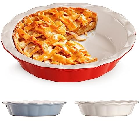 Muldale 9 Inch Ceramic Pie Dish 23cm – Deep Fluted Pie Tin for Oven, Apple Crumble, Steak – Red Baking Dish