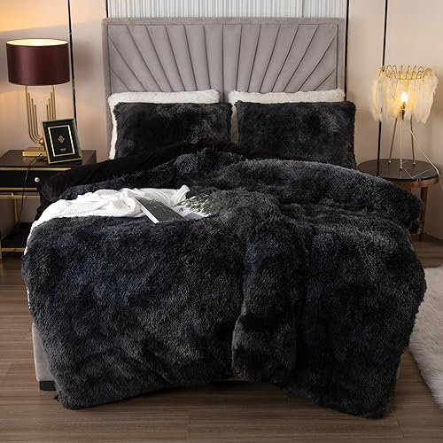 EMME Plüsch Bettwäsche Set 220x240cm Biber Flauschige Bettdecke Set für Bett Shaggy und Plüsch weiche Bettwäsche Bettbezüge und 1 Kissenbezug 2 x (80x80cm), Tie Dye Dunkelgrau
