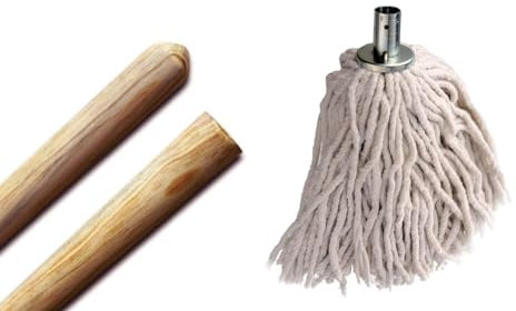 Best House 1 Pcs Pine Wood Mop Stick, Mop Handle for Mop Head -1.2 Metres x 22mm + 1 Pcs Cotton 16 Ply Metal Socket Mop Head - 280g for Floor Cleaning/Sweeping in Home/Office
