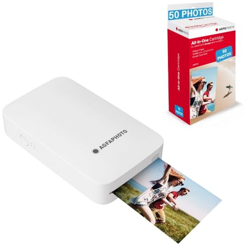 AgfaPhoto - Realipix Mini P Drucker + AMC Patronen und Papier für 50 Fotos – Fotodrucker Format 5,3 x 8,6 cm über Bluetooth – Thermosublimation 4Pass – Weiß