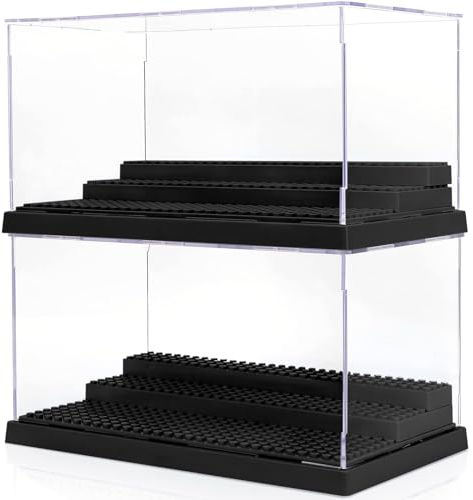 Mlikero 2 Pack Minifigure Display Case for Action Figures Blocks, Clear Dustproof Acrylic Display Box Storage with 3 Movable Steps Gifts for Children (Black)