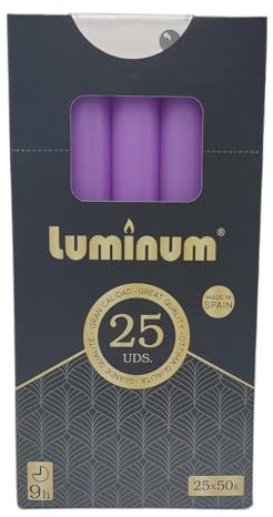 Velas Decorativas para el Hogar: Caja de 25 Unidades en Colores Variados, Dimensiones 200mm x 20mm, Duración de 9 Horas (LILA)