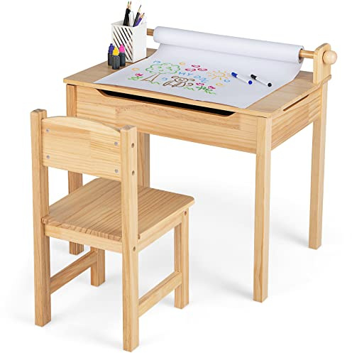 GOPLUS Kindertisch mit Stuhl, Maltisch mit Papierrolle & Marker, Aufklappbare Kindersitzgruppe mit Stauraum, Multifunktionaler Kindertisch zum Malen Spielen Essen für Kinderzimmer (Natur)