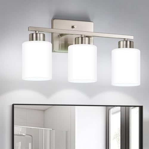 FonmYim Brushed Nickel Bathroom Light Fixtures, 3-Light Modern Vanity Light Over Mirror, Wall Sconces with Milky White Frosted Glass Shades, E26 Socket (Bulbs Not Included)