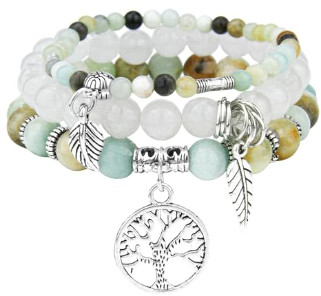 JUZICHEN 3 Pezzi Bracciali Boho Da Donna, Bracciale Yoga Da Donna 17-24cm, Bracciali In Pietra Naturale Con Ciondolo Dell'Albero Della Vita (Colore F)