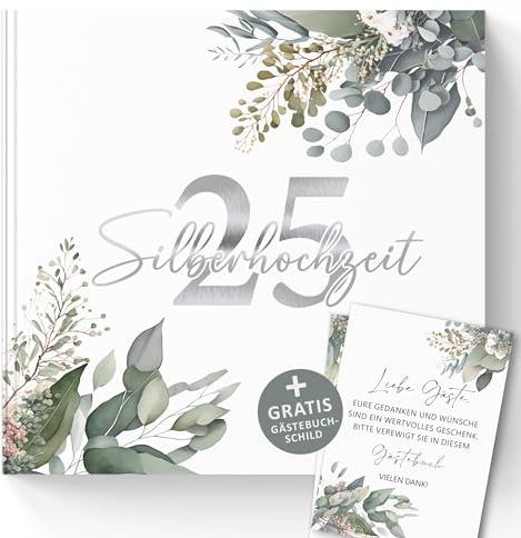 Trendanchor Persönliches Gästebuch zum 25. Hochzeitstag - Geschenk-Ideen für Eltern oder Freunde, Hochzeits-Deko - Blanko ohne Fragen zum Ausfüllen 72 Seiten (25 Silberhochzeit/Eukalyptus, 21x21cm)