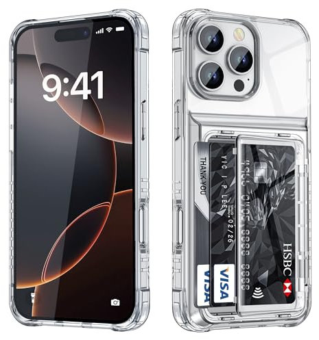 Vunake for iPhone 16 Pro Max Case with Card Holder(Max 4 Cards) for iPhone 16 Pro Max phone Case Shockproof Military Grade Drop Protection Anti-Yellow Cases for 16 Pro Max Case-Clear
