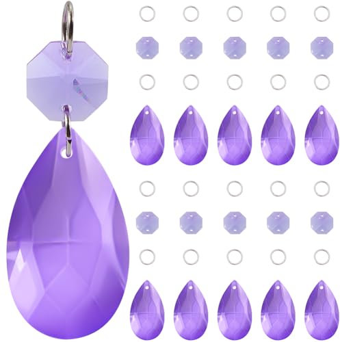 SOFPLATE 1 Box 12er Pack 38mm Violette Kristall Kronleuchterprismen Tropfen Kristall Kronleuchter Anhänger Achteckige Glieder Biegeringe Glas Sonnenfänger Prisma Für Weihnachts Hochzeits Und Party D