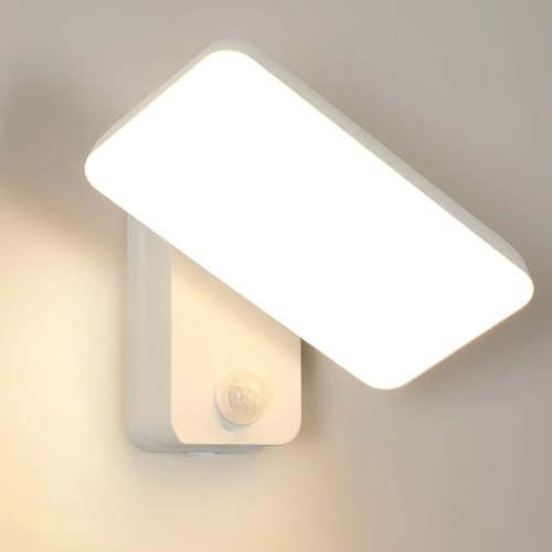 Mckalen LED Außenwandleuchte 16W 1800LM, Moderne Wandlampe IP65 Wasserdicht mit Bewegungsmelder, 350° Schwenkbar Sensor Wandleuchte 3000K Warmweiß für Villa Veranda Garten Balkon, Weiß