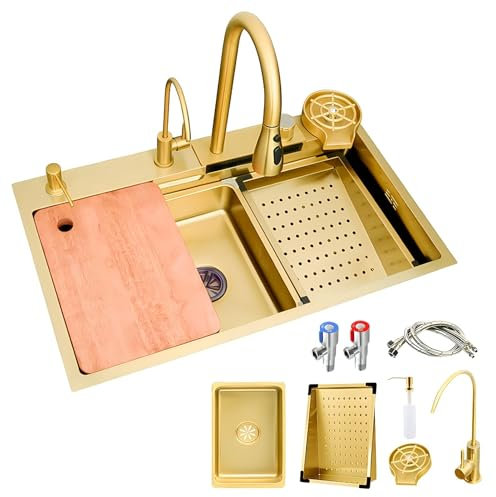 AIVANOTO Fregadero De Cocina En Cascada Dorado, con Grifo Extraíble, Lavabo Pequeño, Lavavasos, Kits De Drenaje, Fregadero De Barra De Cocina De Acero Inoxidable, Fregadero Grande(Gold,75x45x21cm)