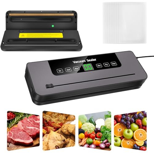 Wrap Sealer Vakuumiergerät für Lebensmittel, Gerät mit 60Kpa starker Absaugung|Eingebautes Schneidegerät|Lebensmittelretter mit 10 Stück Siegelbeuteln zum Frischhalten von Fleisch, Gemüse Getreide