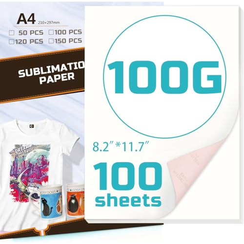 Dekaim Sublimationspapier, A4, für Becher, T-Shirts, Tassen, Baumwolle und Stoffe, 210 x 297 mm, 100 g Sublimationspapier, kompatibel mit Tintenstrahldruckern, Sublimationsdrucker, 100 Blatt