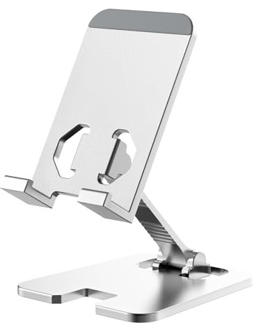 Phone Stand,Fully Foldable Angle Height Adjustable Mobile Phone Holder Cradle Dock Aluminum Desk Compatible with iPhone 16 15 14 13 12 11 Pro Max XR X 8, HUAWEI, Galaxy, All Phones (Silver)
