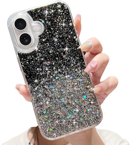 LCHULLE for iPhone 16 Case Girls Women Glitter Bling Clear Cover Cute Crystal Slim Fit Bumper Silicone Phone Case for iPhone 16 6.1 inch 2024,Black