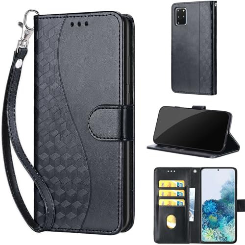 Handyhülle für Samsung Galaxy S20 Plus Hüllen Premium Leder Flip Wallet Case Magnet Kartenfach Standfunktion Klapphülle kompatibel mit Samsung S20 Plus Hülle -3D Schwarz