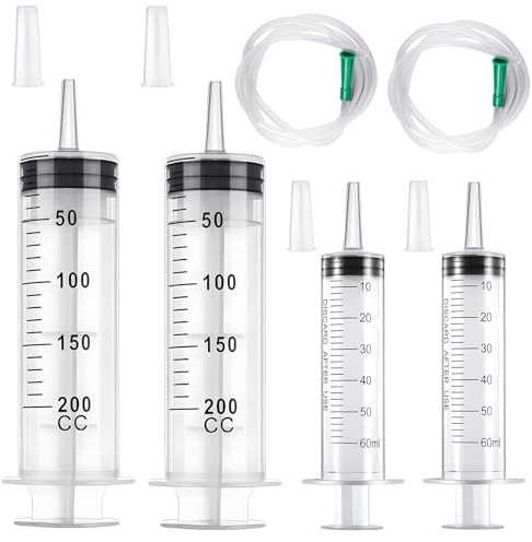 Spritze 200ml/60ml,4 Stk Große Spritze mit Schlauch 1m,Ohne Nadel | Einzeln Verpackte Spritzen Kunststoff Syringe für Experimente Pet Fütterung und Industrielle Anwendungen