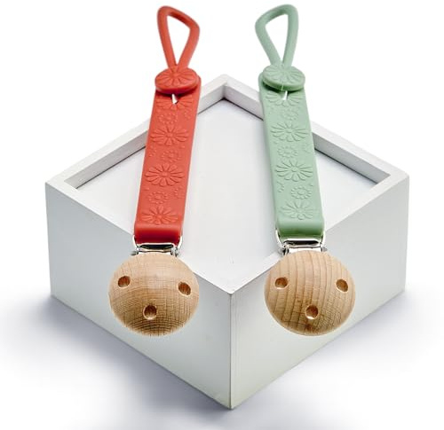 BLUE VIBES 2 Piezas Chupetero para Bebé de Silicona y Madera – Sujeta Chupetes Seguro, Color Verde y Rojo, Libre de BPA, Ideal para Recién Nacidos y Bebés