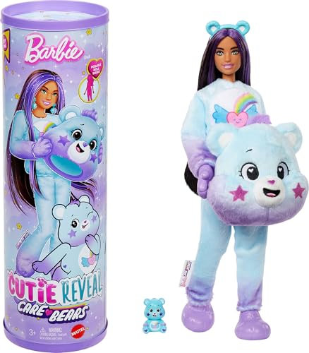 Barbie Cutie Reveal Care Bears Serie 2 Dream Bright Bear Muñeca y accesorios con 10 sorpresas, incluye cambio de color y un osito en miniatura, JFV61