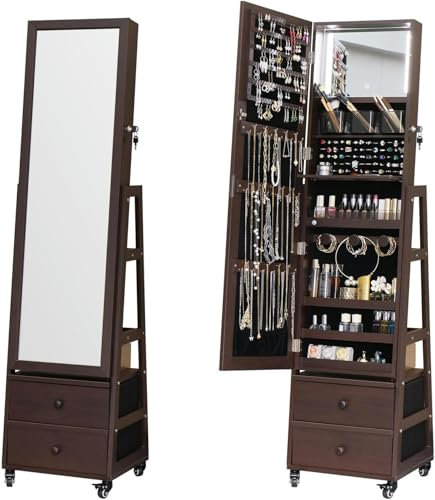 CNPRAZ Armoire à Bijoux,Armoire Miroir avec Serrure et 2 tiroirs,étagères de Rangement Multifonctions pour Bijoux avec 4 roulettes pour Chambre à Coucher,Salle de Bain,Cuisine,Garage
