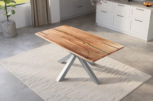 SAM Baumkantentisch 160 x 85 cm Polly, Epoxidharz-Adern in Schwarz, Akazienholz massiv + naturfarben, Esstisch mit Spider-Eisengestell Silber, Tischplatte 26 mm, echte Baumkante