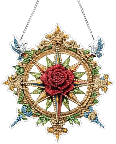 Hoobee Rose Diamond Painting Anhänger, Blume Diamond Painting Fensterbilder, 5D Diamant Painting mit Kette, Wandbehang Kits-Für Zuhause Wanddekoration Und Eingang Dekoration 20x20cm(Rose)