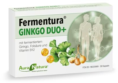 Fermentura® Ginkgo Duo Plus – Ginkgo Biloba Kapseln mit Vitamin B12 | Ginkgo Kapseln mit Vitamin B12 & Folsäure | vollständig fermentiert & hochdosiert | Vegan – 1er Pack, 30 Kapseln