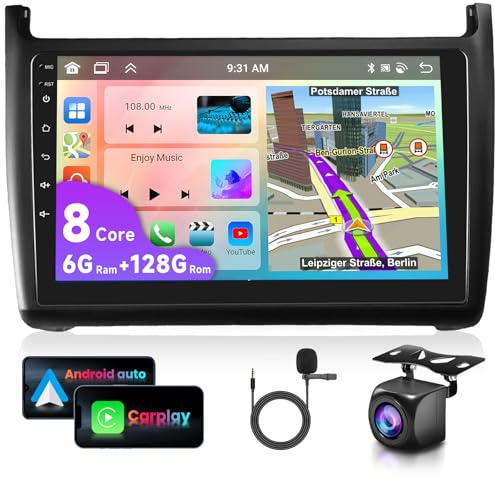 6G 128G VECHTEL 9Autoradio 2 DIN Bluetooth per VW Polo 2011-2016 Carplay Android Auto Wireless,Android 15,DSP EQ,Wifi GPS Navi,RDS/FM Radio con Retrocamera AHD