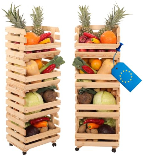 MODO24 Modular Holzregal für Gemüse & Obst auf Rollen, Stapelbares Regalsystem aus Kiefernholz, 4 Holzkisten, Kartoffelsteige, Küchenregal, Vorratsregal, Gemüseregal, Abm. 106x37x30 cm, Fargbe: Natur