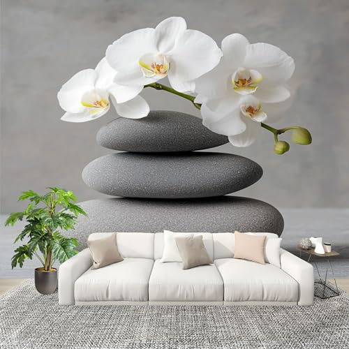 Générique Papier Peint Mural Salon 200x140cm Galets De Phalaenopsis Décoration Murale Poster Tableaux Muraux Murale Gris Imprimé 3D Papier Peint Panoramique Intissé Moderne
