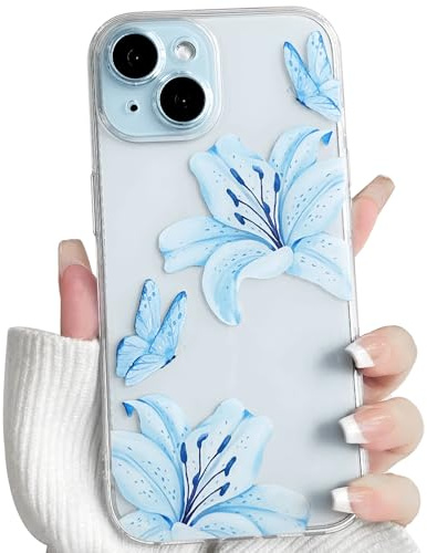 NITITOP für iPhone 15 Hülle Durchsichtig Blume Lilien, Blau | Süß Floral Schmetterlinge Muster, für Frauen Mädchen, Hauchdünn TPU, mit Vollständiger Kameraschutz, Stoßfest Handyhülle