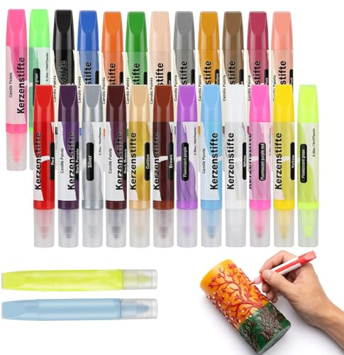 26tlg.Kerzenstifte Set–24 Acryl-Kerzenmalstifte+2 Nachleucht-Gele