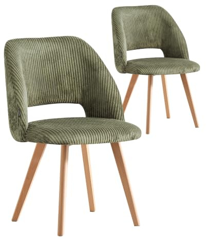 B&D home® Esszimmerstühle Vicky 2er Set – Polsterstühle aus Cordstoff Grün, ergonomische Sitzschale, Holzbeine Natur, modern-Landhaus Design für Küche, Esszimmer & Wohnzimmer