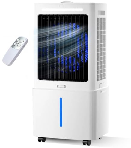 Rafraîchisseur d'Air Évaporatif 12L Puissant et Silencieux, Climatiseur Mobile Sans Évacuation 1000m³/h, 4-en-1 Ventilateur Humidificateur avec Minuterie 7.5H