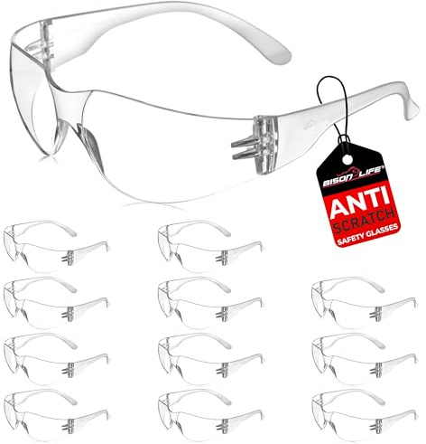 BISON LIFE Safety Glasses | 12 PAIRS with Clear UV Protection, Scratch Resistant, Wrap Around, Ballistic Impact Protected Lenses, One Size, Clear Lens Clear Temple, 12 per pack (1 pack)