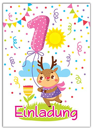 JuNa-Experten 12 Einladungskarten 1. Kindergeburtstag Mädchen Tiere erste Geburtstag Geburtstagseinladungen Einladungen Geburtstags-Party Kartenset Reh